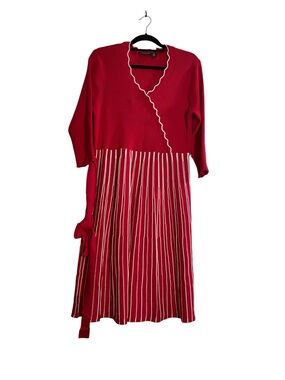 Nina Leonard Red Knit Midi Dress with White Trim